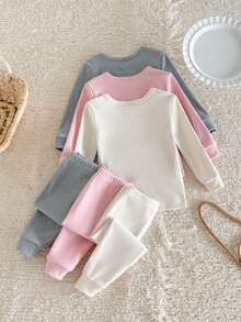 SHEIN 女嬰純色圓領長袖上衣與長褲休閒日常居家睡衣套裝 - 彩色 - 查看 3