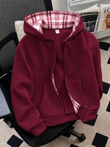 SHEIN 青少年女孩純色蝴蝶結裝飾袖口抓絨內裡運動外套 開學季風格 秋冬校外穿搭 粉色法蘭絨 可愛西式 - 酒紅色 - 查看 1