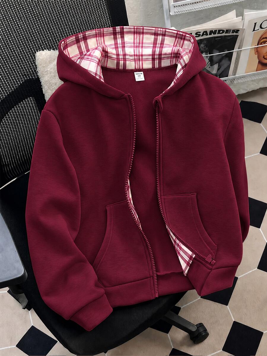 SHEIN 青少年女孩純色蝴蝶結裝飾袖口抓絨內裡運動外套 開學季風格 秋冬校外穿搭 粉色法蘭絨 可愛西式 - 酒紅色 - 查看 1