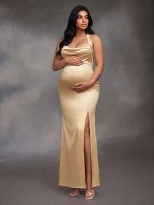 Cheriluna Maternity Maternity Elegant Slit Spaghetti Strap Dress - Champagne - View 4