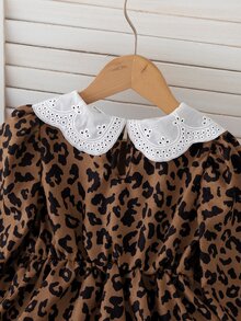 SHEIN 1pc Girls' Autumn New Fresh Style Loose Fit Long Sleeve Dress With Elastic Cuffs, Exquisite Collar, Back Opening Design, Casual Versatile Leopard - Brown - View 7
