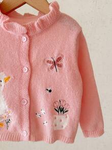 女嬰百搭甜美刺繡單排扣長袖針織秋季開襟衫 - 淺粉色 - 查看 7