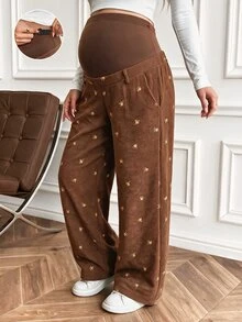 Boho Mama Elegant Embroidered Pocket Loose Pants For Pregnant Women - Coffee Brown - View 1
