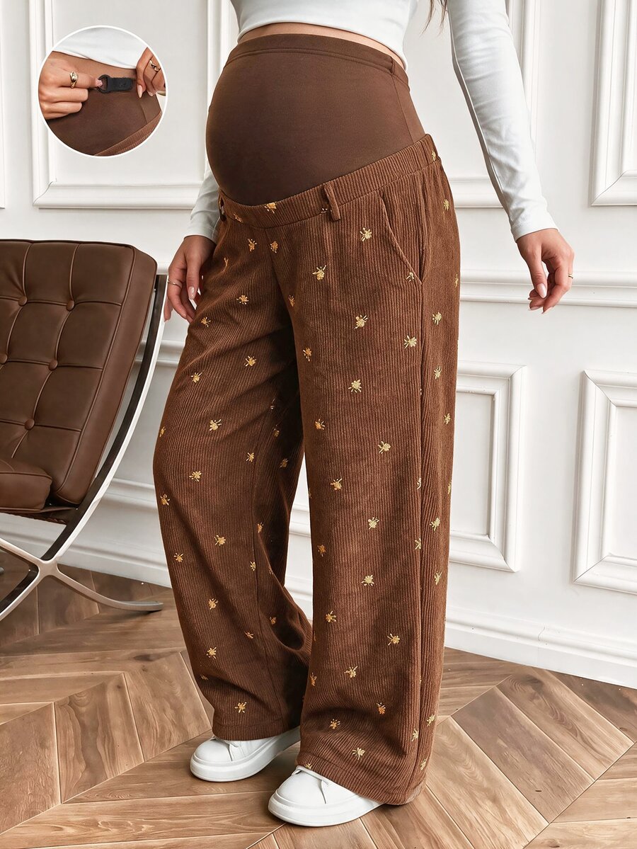 Boho Mama Elegant Embroidered Pocket Loose Pants For Pregnant Women - Coffee Brown - View 1