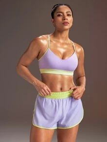 Powerista Women's Colorblock Tank Top And Pocket Double Layer Shorts Sports Set - Purple - View 2