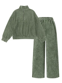 SHEIN 青少年女孩秋季套裝 1/4 拉鍊寬鬆運動衛衣與運動長褲套裝 寬鬆版型 返校季休閒街頭風 學生深灰色 - 軍綠色 - 查看 7