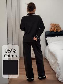 Dream Adore Casual Colorblock Patchwork Lapel Cardigan 95% High Cotton Content Comfortable Pajama Set - Black - View 2