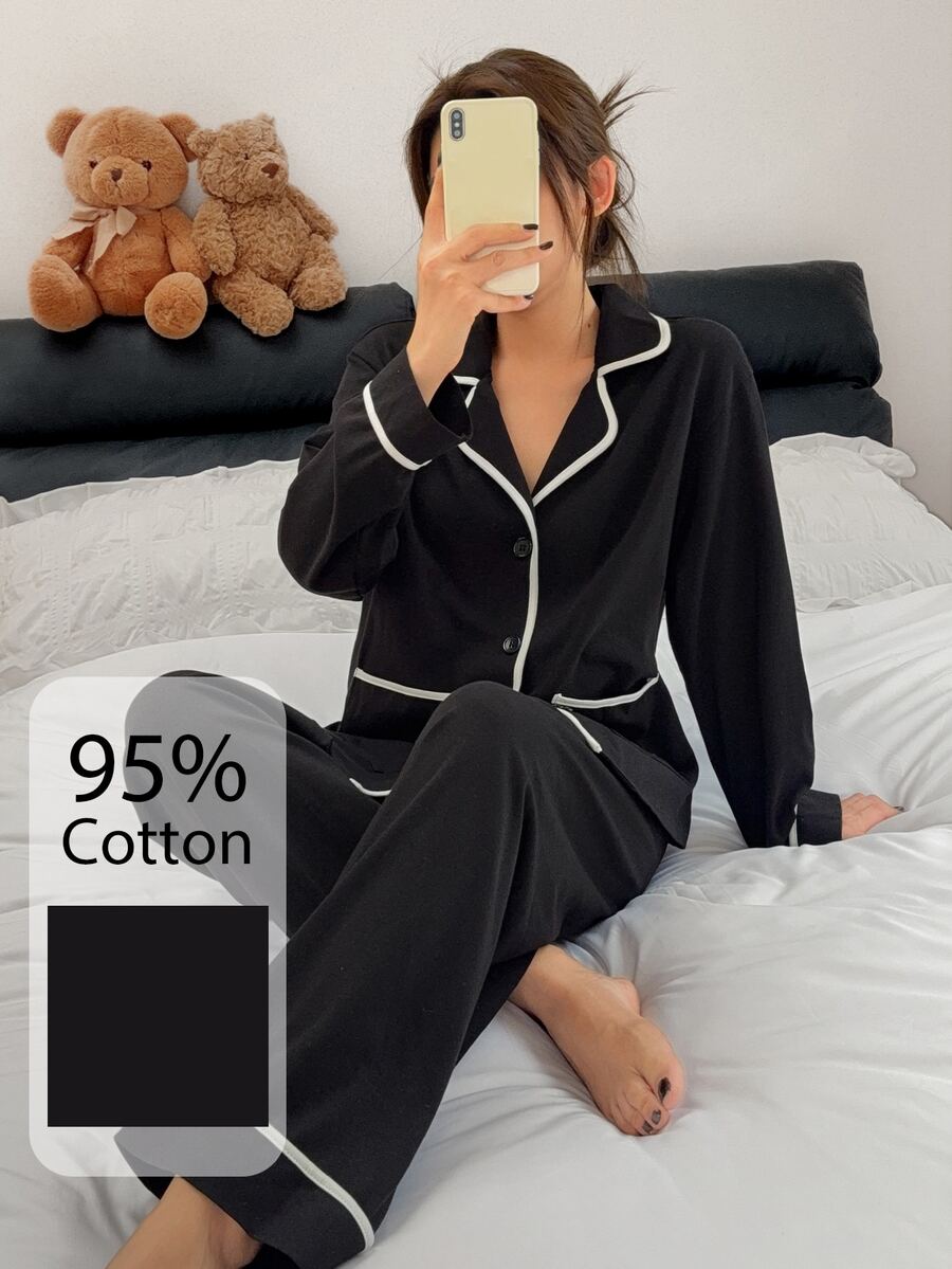 Dream Adore Casual Colorblock Patchwork Lapel Cardigan 95% High Cotton Content Comfortable Pajama Set - Black - View 1