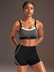 Powerista Women's Colorblock Tank Top And Shorts Sports Set - Dark Grey - View 2