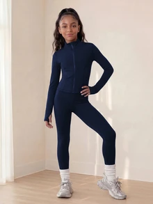 SHEIN Tween Girls 3pcs Set, Black Outfit, Sports Modest Athletic Jacket + Tank Top + Leggings, Autumn, High Stretch Fabric, Gym Active - Navy Blue - View 7