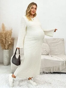 Plussiva Plus Size Solid Color Casual Party Dress For Pregnant Women - Apricot - View 4