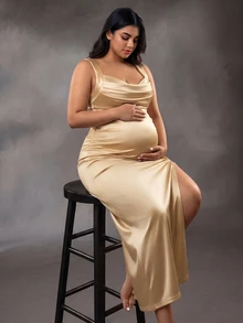 Cheriluna Maternity Maternity Elegant Slit Spaghetti Strap Dress - Champagne - View 7