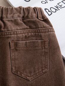 SHEIN 少女花卉刺繡寬腿牛仔褲－休閒棕色丹寧長褲，附鬆緊腰頭與口袋 - 咖啡棕 - 查看 5