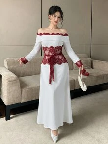 Modelyn Women's Elegant Lace Off-Shoulder Sexy Dress - White - View 6