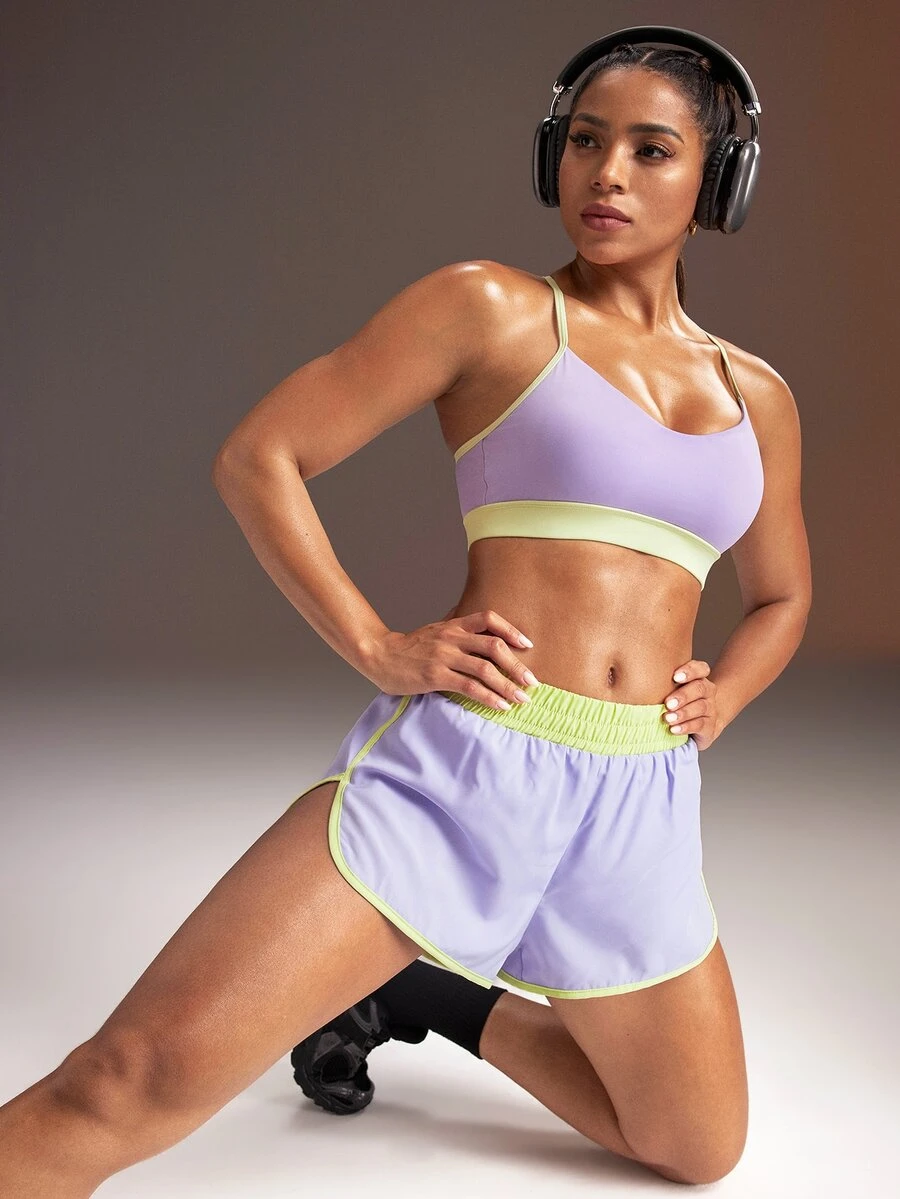 Powerista Women's Colorblock Tank Top And Pocket Double Layer Shorts Sports Set - Purple - View 1
