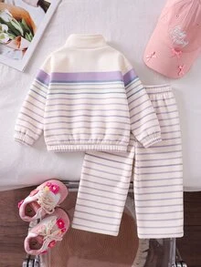 SHEIN 女童卡其棕豹紋保暖內裡兩件套，半拉鍊立領上衣 + 寬腿長褲，加厚保暖內裡 - 彩色 - 查看 2