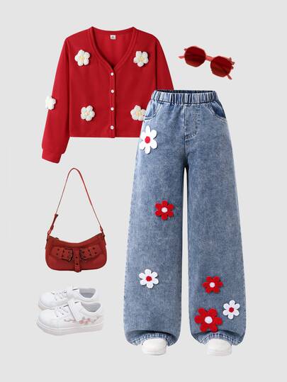 Girls' Autumn/Winter Outerwear Set, Red V-Neck Cardigan Top With Multiple 3D Handmade Crochet White Flowers, Puffy Floral Decor, Cute Atmosphere, Paired With Washed Denim Wide-Leg Long Pants With Matching Style Applique, Red And White Small Flowers, Echoing The Top's Floral Elements, Playful And Sweet Cool, Vibrant Red