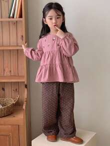 Dazy Kids 少女時尚刺繡荷葉邊下擺上衣 - 酒紅色 - 查看 4