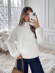 Easowa Women's Stand Collar Half-Zip Casual Loose Fit Sweatshirt For Home And Sports - White - View 5