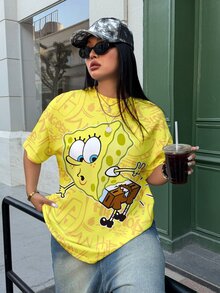 SpongeBob SquarePants | SHEIN Plus Size Women's Cartoon Print Casual Everyday Short Sleeve T-Shirt - White - View 4