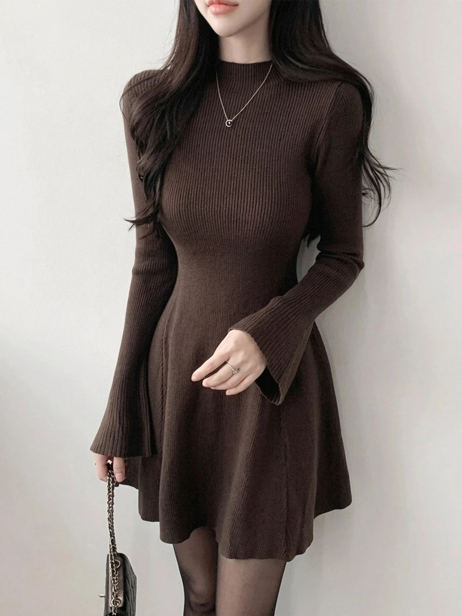 DAZY Women's Soft Style Long Sleeve Ribbed Knit Sweater Dress - Coffee Brown - View 1