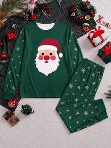 SHEIN 男士純色圓領長袖休閒居家服套裝 - 墨綠色 - 查看 2
