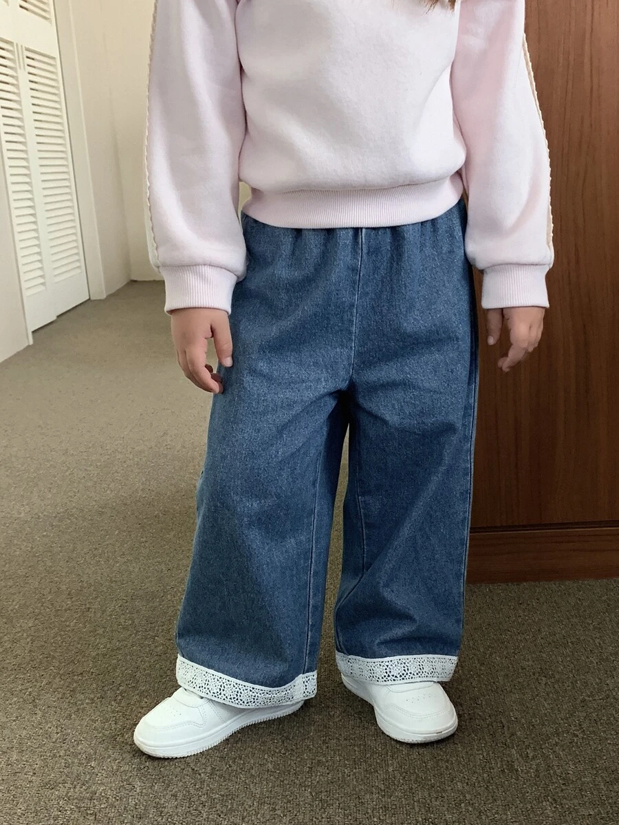 Dazy Kids Baby Girl Lace Trim Design Denim Jeans - Blue - View 1