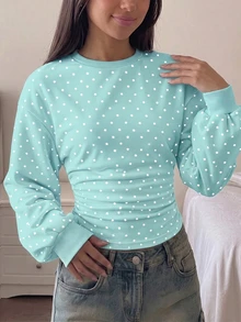 Sweatshirt untuk Remaja Perempuan, Pinggang Berkerut, Longgar Kasual Serbaguna dengan Motif Polkadot - MultiWarna - View 1