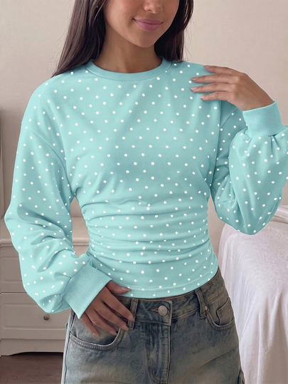 Tween Girls Sweatshirt, Ruched Waist, Loose Casual Versatile Polka Dot Pattern