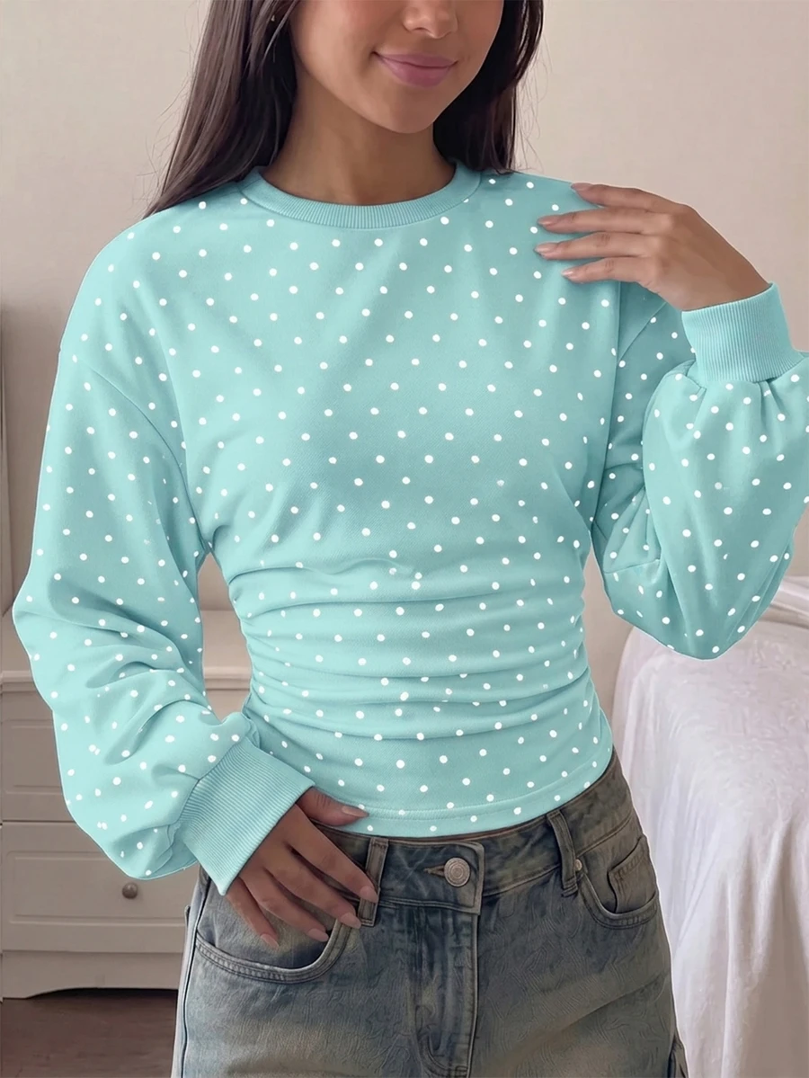 Sweatshirt untuk Remaja Perempuan, Pinggang Berkerut, Longgar Kasual Serbaguna dengan Motif Polkadot - MultiWarna - View 1