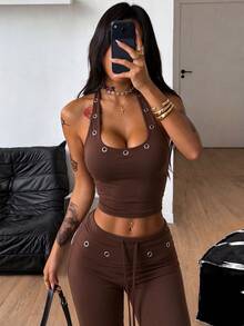 Coolane Women's Eyelet Design Halter Neck Tank Top And Flare Pants Casual 2 Pieces Set - Brown - View 6