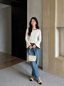 Yumoku Women's Color Block Round Neck Bell Sleeve Casual Sweater - Apricot - View 6