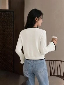 Yumoku Women's Color Block Round Neck Bell Sleeve Casual Sweater - Apricot - View 2