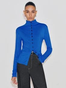 Anewsta Essential Elegant Blue Women's Knitted Rayon Slim Fit Button-Down Cardigan Top For Daily Commute In Autumn - Blue - View 1