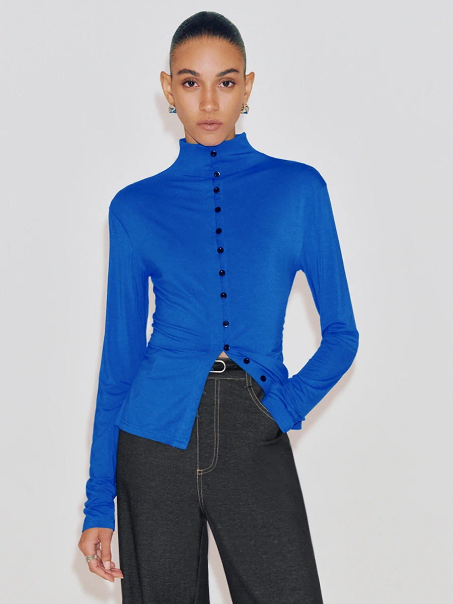 Anewsta Essential Elegant Blue Women's Knitted Rayon Slim Fit Button-Down Cardigan Top For Daily Commute In Autumn - Blue - View 1