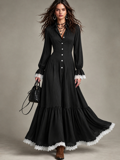 Trelyra Women's Elegant Lace Patchwork Button Dress