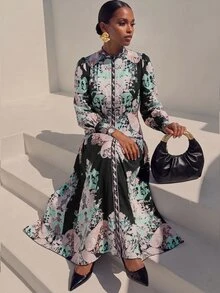 Zivah New Elegant Women's Court Style Dark Floral Print Front Button Placket Puff Long Sleeve Structured Dress - Multicolor - View 6