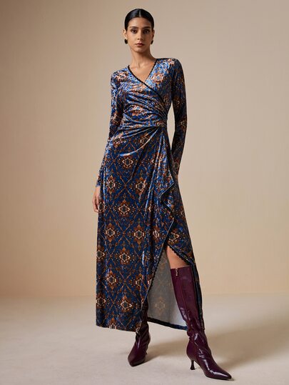 LOTSLUV Women's Autumn Elegant Blue-Grey Print V-Neck Long Sleeve Tie Wrap Dress
