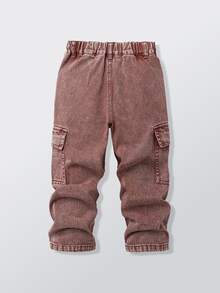Boys' Vintage Distressed Brown Denim Cargo Pants, Loose Straight Leg Multi-Pocket Long Pants, American Street Style Versatile Comfortable Jeans, Suitable For All Seasons Outdoor Wear - Coffee Brown - View 2