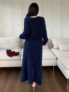 Feyla Women's 2pcs Bow Decor Knitted Set, Round V-Neck Long Sleeve Loose Sweater & High Waist Long Skirt - Blue - View 7