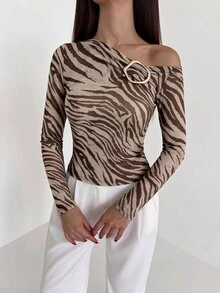 Aloruh 女款優雅棕色斑馬紋不對稱肩金屬裝飾修身T恤，萬聖節動物印花內搭T恤，秋冬款 - 棕色 - 查看 4