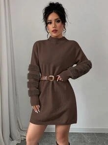 Elenzga 女款休閒純色立領毛絨針織拼接白色毛衣洋裝，不含腰帶，秋冬女裝 - 棕色 - 查看 6