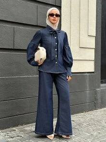 DAZY Women's Tie Neck Long Sleeve Shirt And Long Pants Casual Denim Set - Blue - View 4