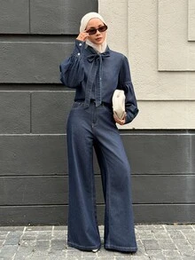 DAZY Women's Tie Neck Long Sleeve Shirt And Long Pants Casual Denim Set - Blue - View 7