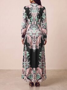 Zivah New Elegant Women's Court Style Dark Floral Print Front Button Placket Puff Long Sleeve Structured Dress - Multicolor - View 2