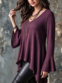 Linhara CURVE Women's Plus Size Brushed Ribbed Long Sleeve V-Neck Bell Sleeve Asymmetrical Hem Mid-Length Slimming Top, Casual T-Shirt For Autumn/Winter Fall - Brown - View 7