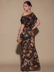 SHEIN BAE CURVE Plus Size Women's Floral Print Long Ruched Dress, Elegant Long Dress, Date Dress,Winter,Party,Fall,Summer,Asymmetrical Shoulder Maple Leaf Print - Multicolor - View 2