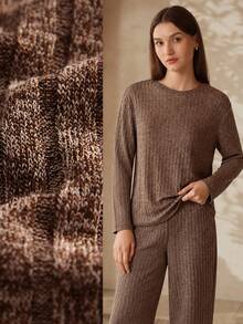 MOTF PREMIUM WOMEN'S MINIMALIST ROUND NECK LONG SLEEVE TOP AND PANTS LOUNGEWEAR SET - Coffee Brown - View 6