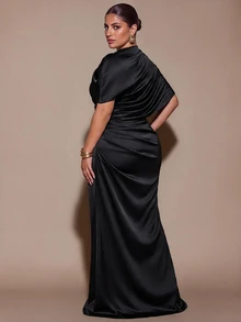 SHEIN BAE CURVE 大尺碼女款優雅棕色抓褶裹身魚尾下擺洋裝 - 黑色 - 查看 2