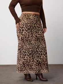 Enliva Plus Size Stretch Mesh Leopard Print Maxi Skirt For Hourglass Body - Brown - View 4